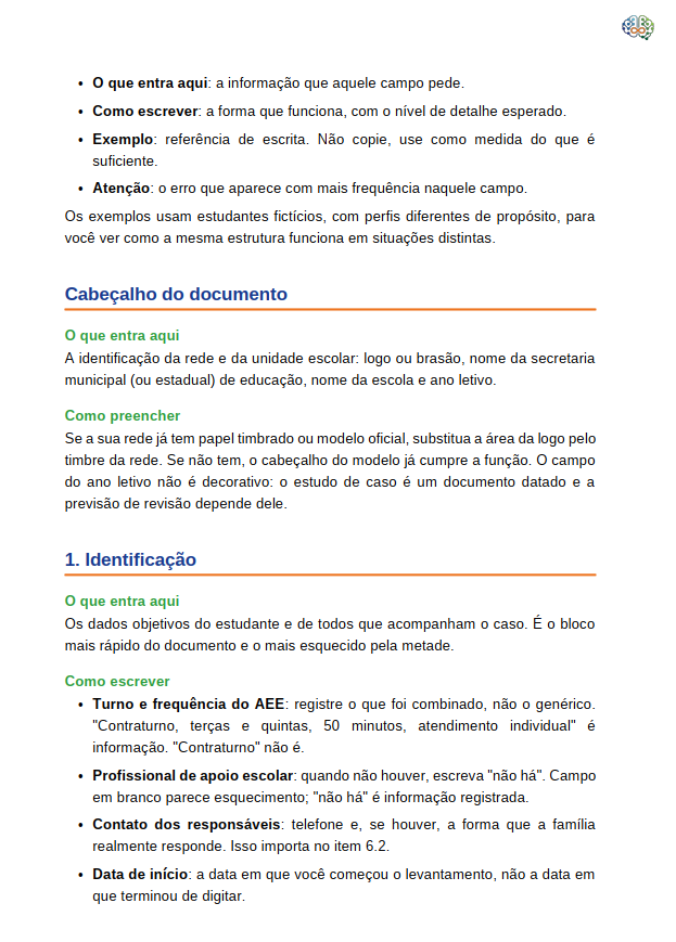 Página do guia de preenchimento, com exemplos